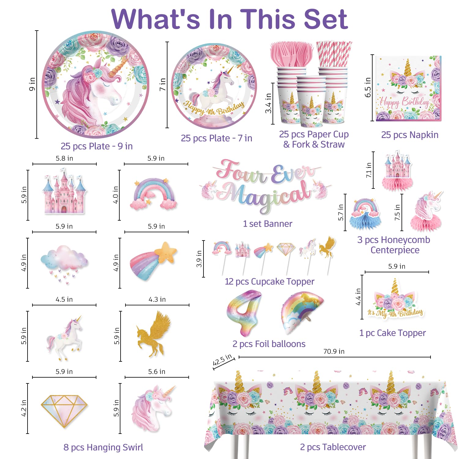 Xynic 181Pcs Unicorn 4th Birthday Decorations, Four Ever Magical Birthday Decorations Tableware Set with Plates and Napkins Serves 25, 2 Tablecloths for Unicorn Decorations