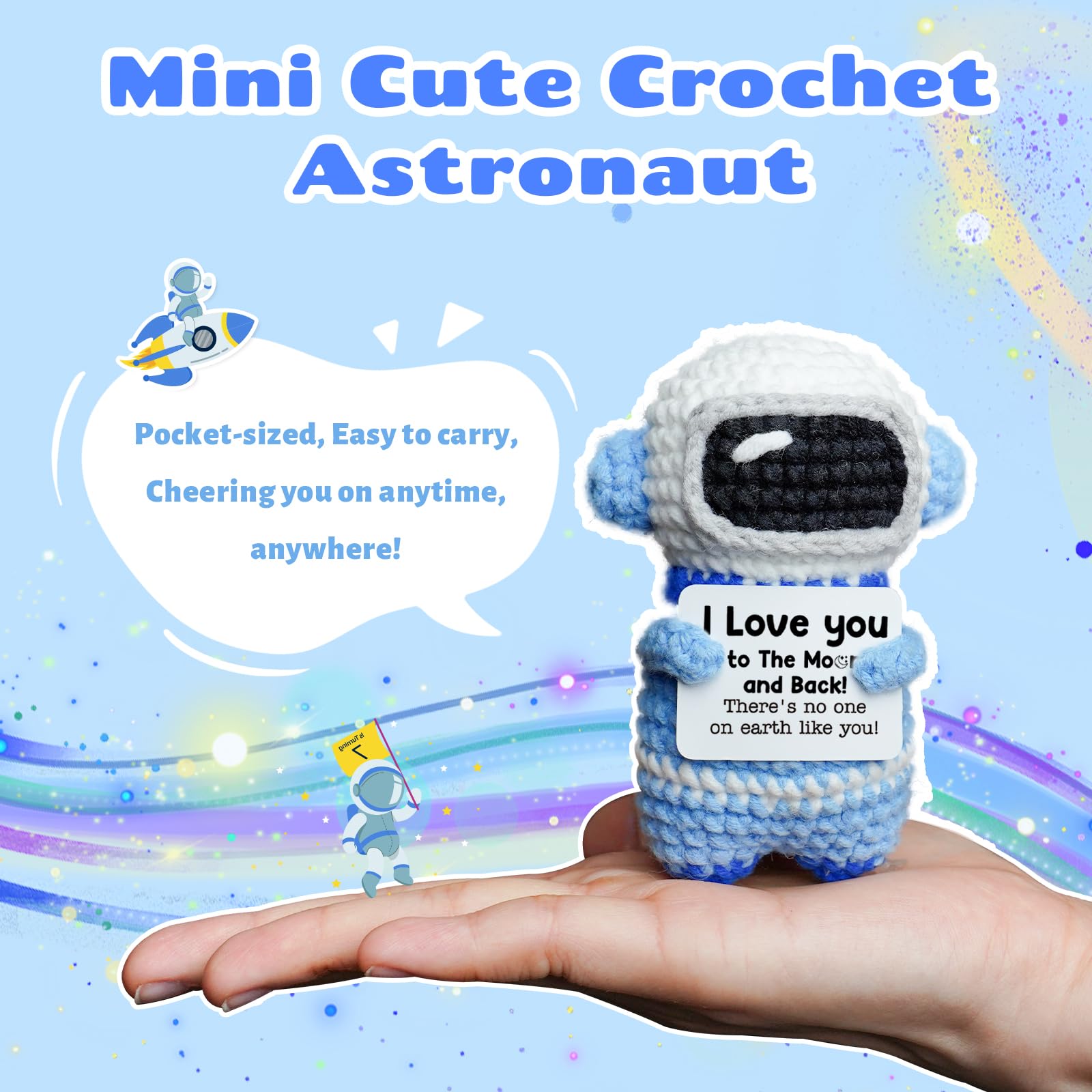 WoollyPearl Gifts for Him Her Boyfriend Girlfriend, Handmade Positive Crochet Astronaut, I Love You Anniversary Mothers Day Birthday Gifts for Women Men Mom Dad Teens Daughter Son