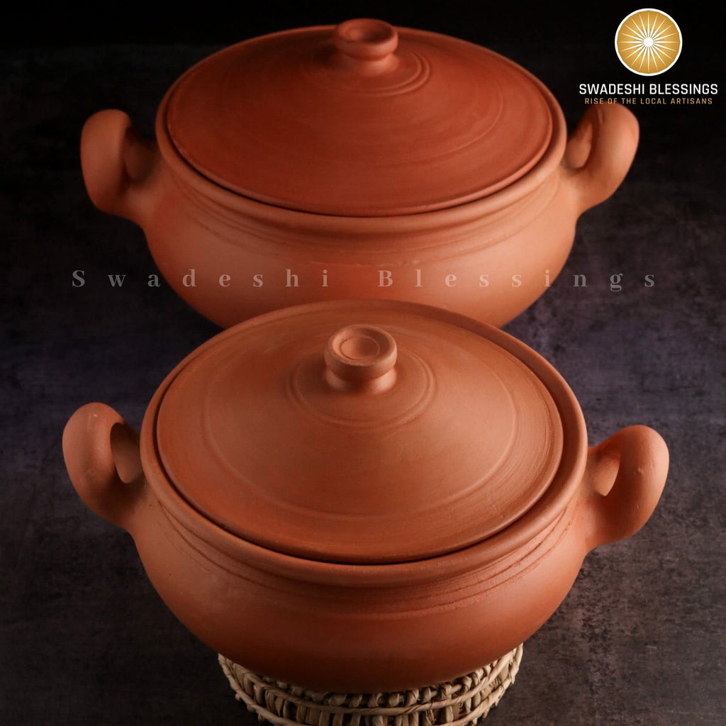 Swadeshi Blessings Exclusive Range Unglazed Clay Pot For Cooking & Serving with Lid/Earthen Kadai/Mud Handi/Mitti Ke Bartan (With Mirror Shine) + ASH For Cleaning (3 Liters)