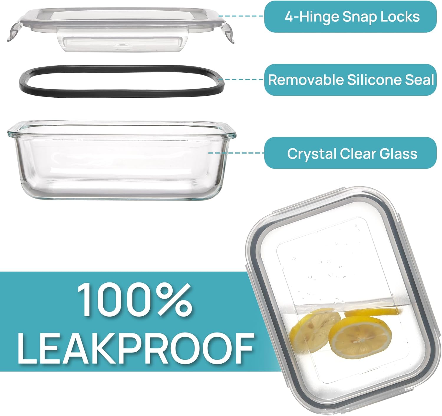 Vtopmart 22oz Glass Storage Containers - 5-Pack Meal Prep Set with Airtight Snap Lids | Microwave & Dishwasher Safe, Grey