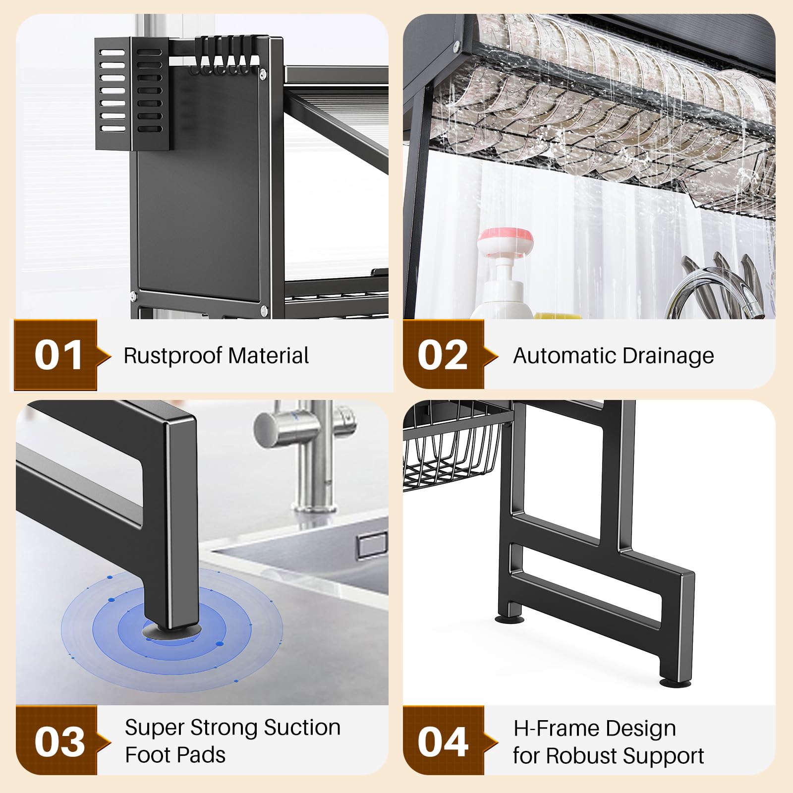 Over The Sink Dish Drainer Drying Rack 3 Tiers with Cover, Keep Kitchen Sink Shlef Organized Space-Saving Dish Drying Rack, Large Stainless Steel Sink Dish Rack for Dishes, Bowls, Cutlery (37.4"w)
