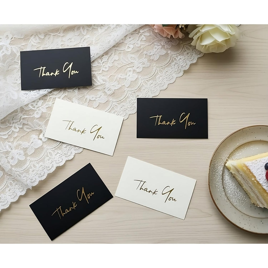 MIZENA Thank You Cards 100 Pack – 3.5x2” Black Cards with Gold Hot Foil – Ultra Thick 350 GSM Premium Thank You Inserts for Small Business Packaging & Wedding Gifts – Blank White Back