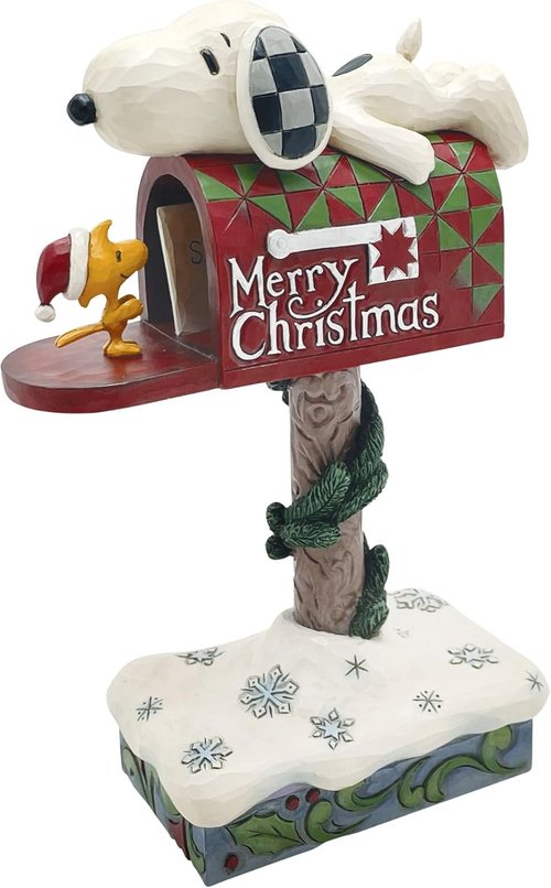 Enesco Peanuts | Jim Shore Snoopy & Woodstock Merry Christmas Mailbox Figurine - 7.28" Handcrafted Collectible