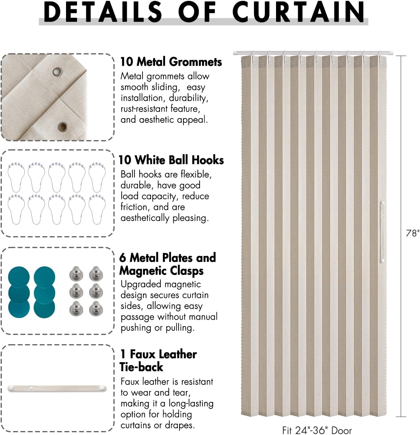 MIULEE Accordion Style Magnetic Folding Door Curtains - Pleated Cream Drapes for Room Divider | Beige, 39" x 78" Panel