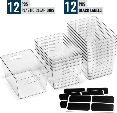 Clear Storage Bins - 12 Pack Large Organizer Bins with Handles & Labels for Home, Kitchen, Bathroom