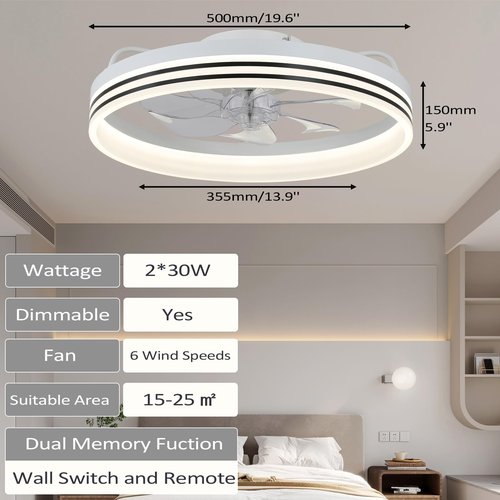 Cainjiazh Ceiling Fans with Lights 20" Fandelier Modern Ceiling Fan Dimmable Low Profile Ceiling Fan Flush Mount Bladeless Chandelier Fan Ceiling Fan Lights for Bedroom Kitchen and Living Room(White)