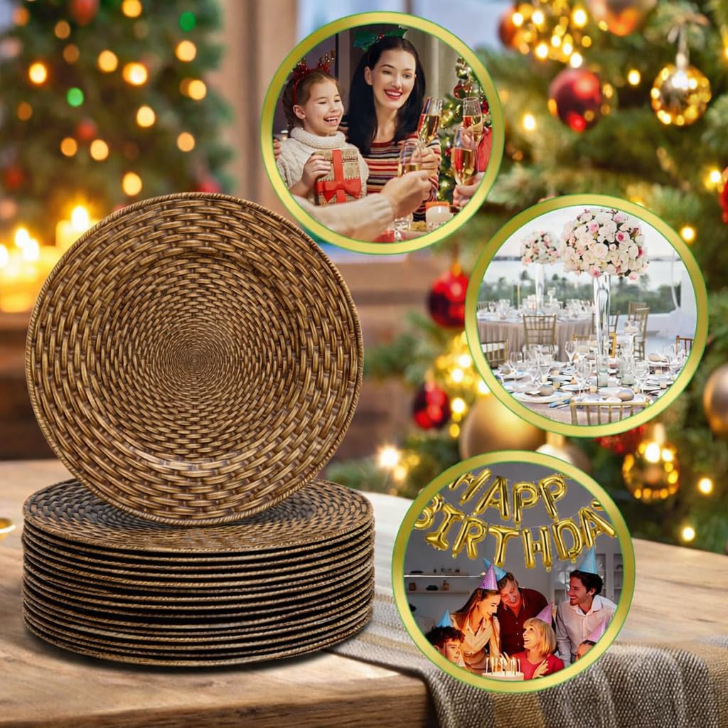 osgevei 13in Charger Plates Set of 12- Faux Rattan Chargers for Dinner Plates- Brown Round Plastic Plate Charger- Farmhouse Rustic Table Charger for Wedding, Party,Halloween, Thanksgiving, Christmas