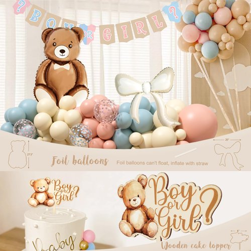 Bear Gender Reveal Decorations, He or She Gender Reveal Party Decoration, Boy or Girl Bear Theme Party Supplies with Backdrop BABY-Box Tablecloth Mom to Be Sash Dad to Be Pin Balloon Arch