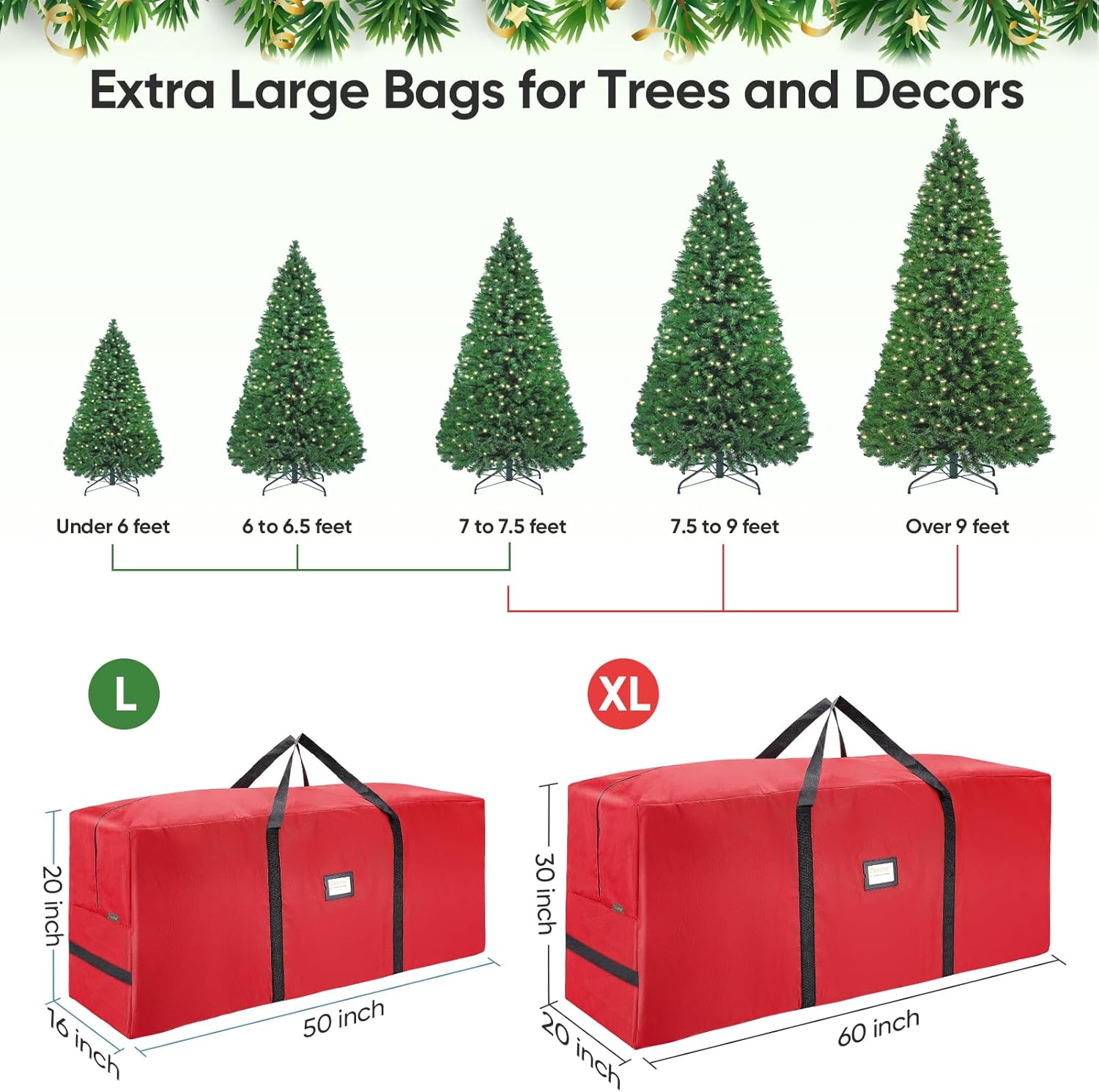 BALEINE Christmas Tree Storage Bag - Heavy Duty 900D Oxford Fabric, Extra Large with Dual Zippers (Red)