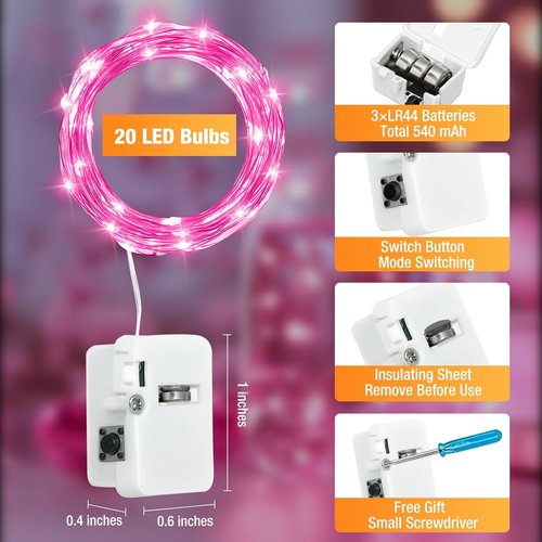 Fairy Lights 6 Pack - 7ft 20 LED Battery Operated Twinkle Lights | Waterproof Mini String Lights for DIY Party & Wedding Decor - Pink