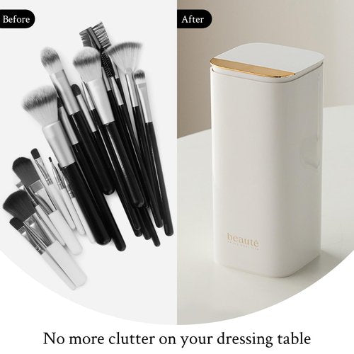 Esdallina Automatic Lifting Makeup Brush Holder with Lid Dustproof Cosmetic Organizers for Vanity-White
