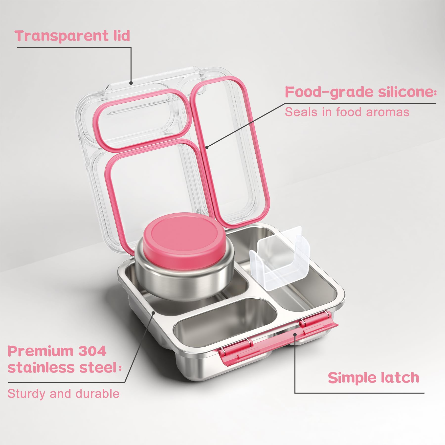 Pawtong Stainless Steel Bento Box Kids Adult with 7oz Insulated Food Jar, Transparent Lid Metal Lunch Box With Soup Thermal Jar, Lunch Box Container with Removable Divider & Sauce Cup School (Pink)