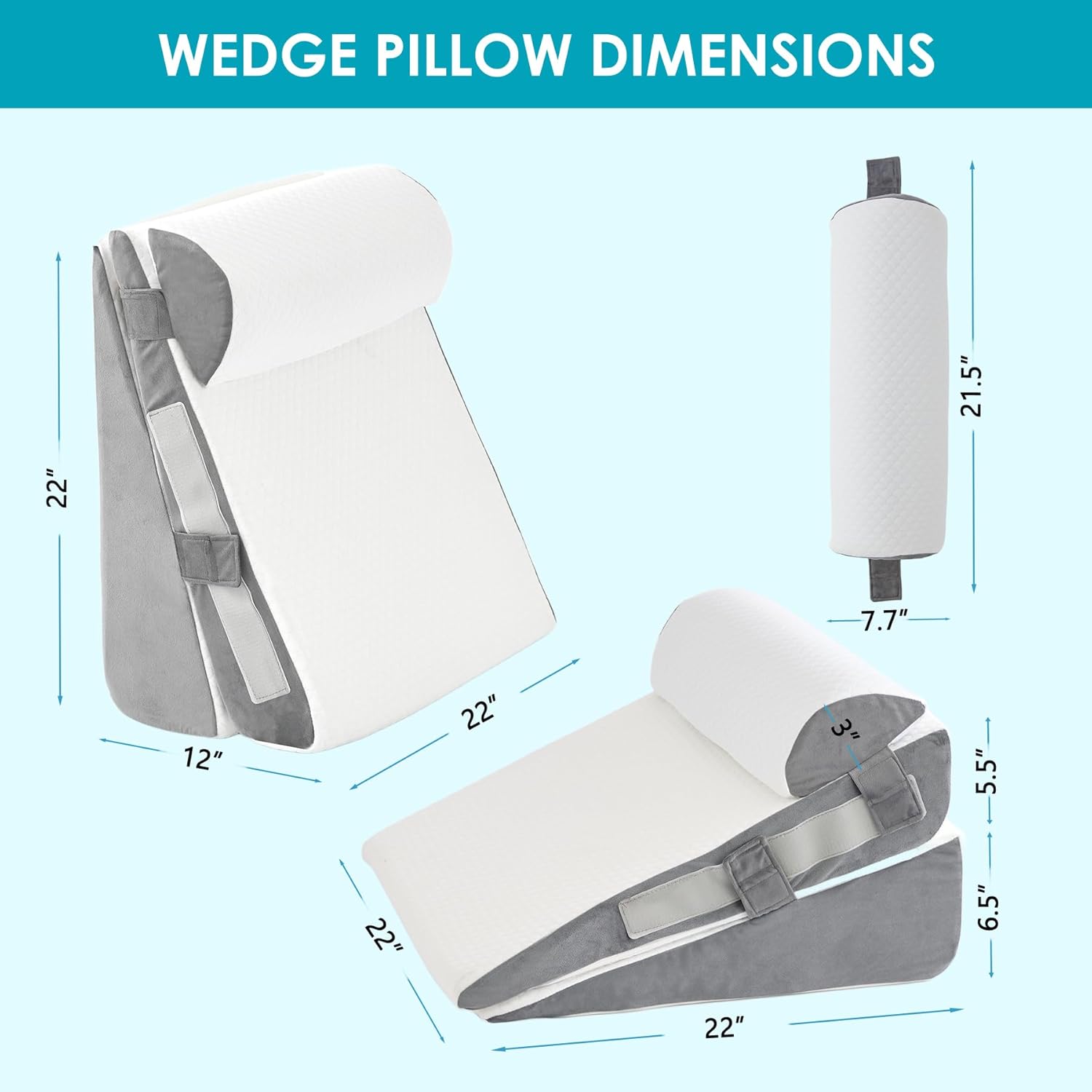 Skiennix Wedge Pillow Set - Adjustable Memory Foam for Acid Reflux Relief | 3-Piece Bed Wedge Pillows in White & Grey