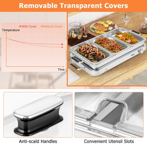 CLEEMAN Buffet Server & Food Warmer, 2-in-1 Electric Buffet Warmer with Adjustable Heat, 3 Food Pans with Lids, 8 Qt Stainless Steel Chafing Dishes, Warming Trays for Buffets Party Banquets Catering