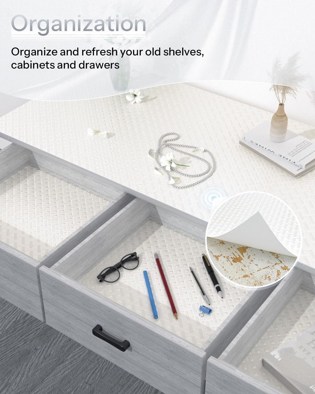 Shelf and Drawer Liner for Kitchen Cabinet, Non-Adhesive 24in x 240in Waterproof Contact Paper Refrigerator Liners Thickened Durable EVA Material Non Slip Mat for Dresser Cupboard Pantry Protector
