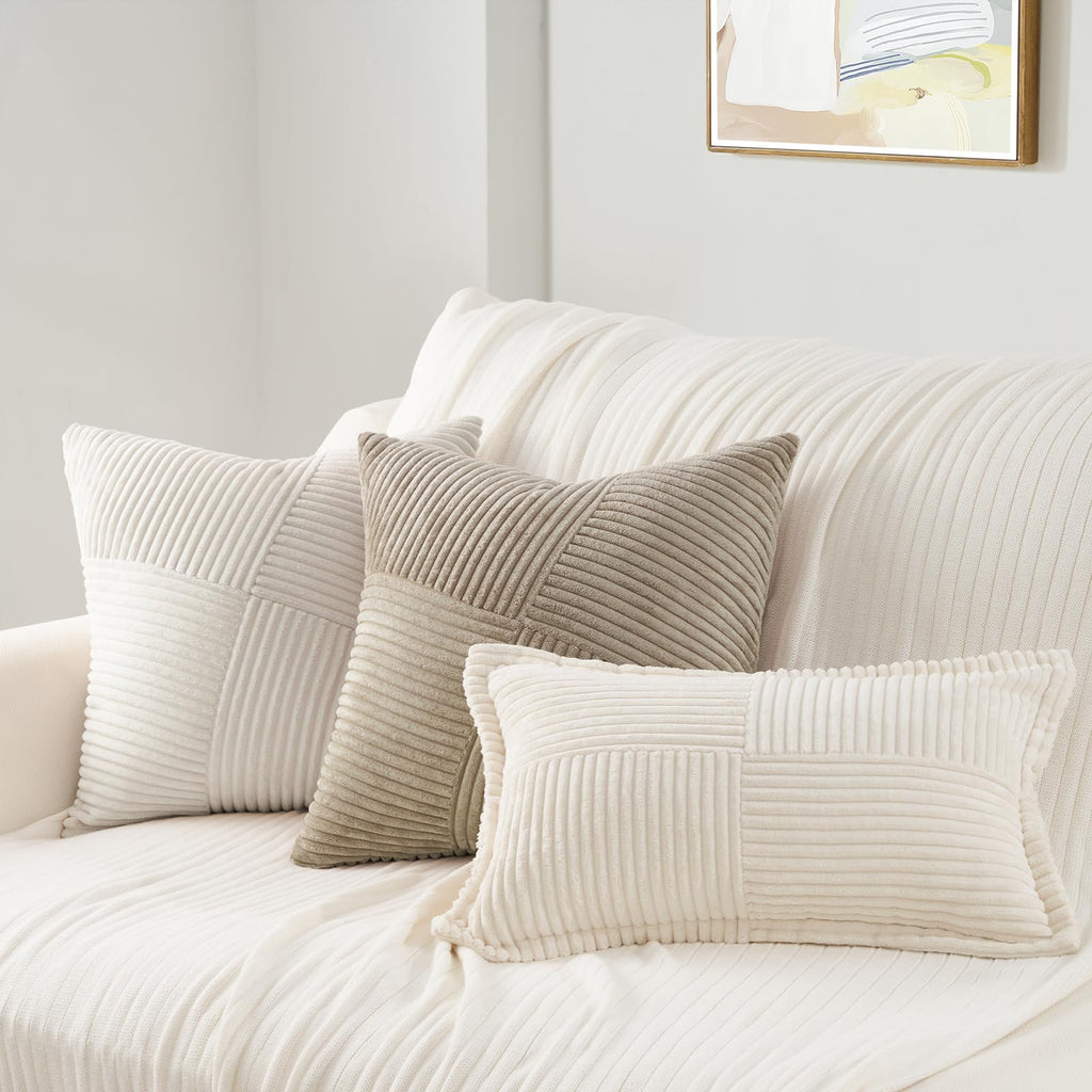 Topfinel Pack of 2 Decorative Throw Pillow Covers 18x18 Inch Soft Corduroy Boho Textured Striped Patchwork Pillow Covers Farmhouse Rustic Home Decor for Spring Sofa Living Room Couch Bed Lightbrown