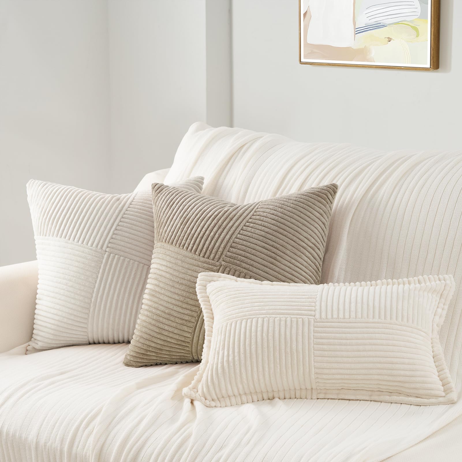 Topfinel Pack of 2 Decorative Throw Pillow Covers 18x18 Inch Soft Corduroy Boho Textured Striped Patchwork Pillow Covers Farmhouse Rustic Home Decor for Spring Sofa Living Room Couch Bed Lightbrown