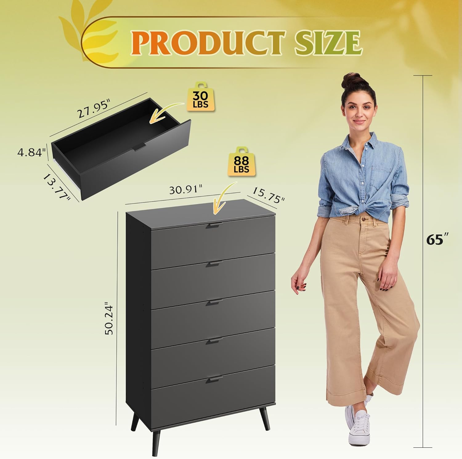 WLIVE 5 Drawer Dresser - Tall Wooden Storage Organizer with Sturdy Metal Handles | Black Finish for Bedroom & Living Room