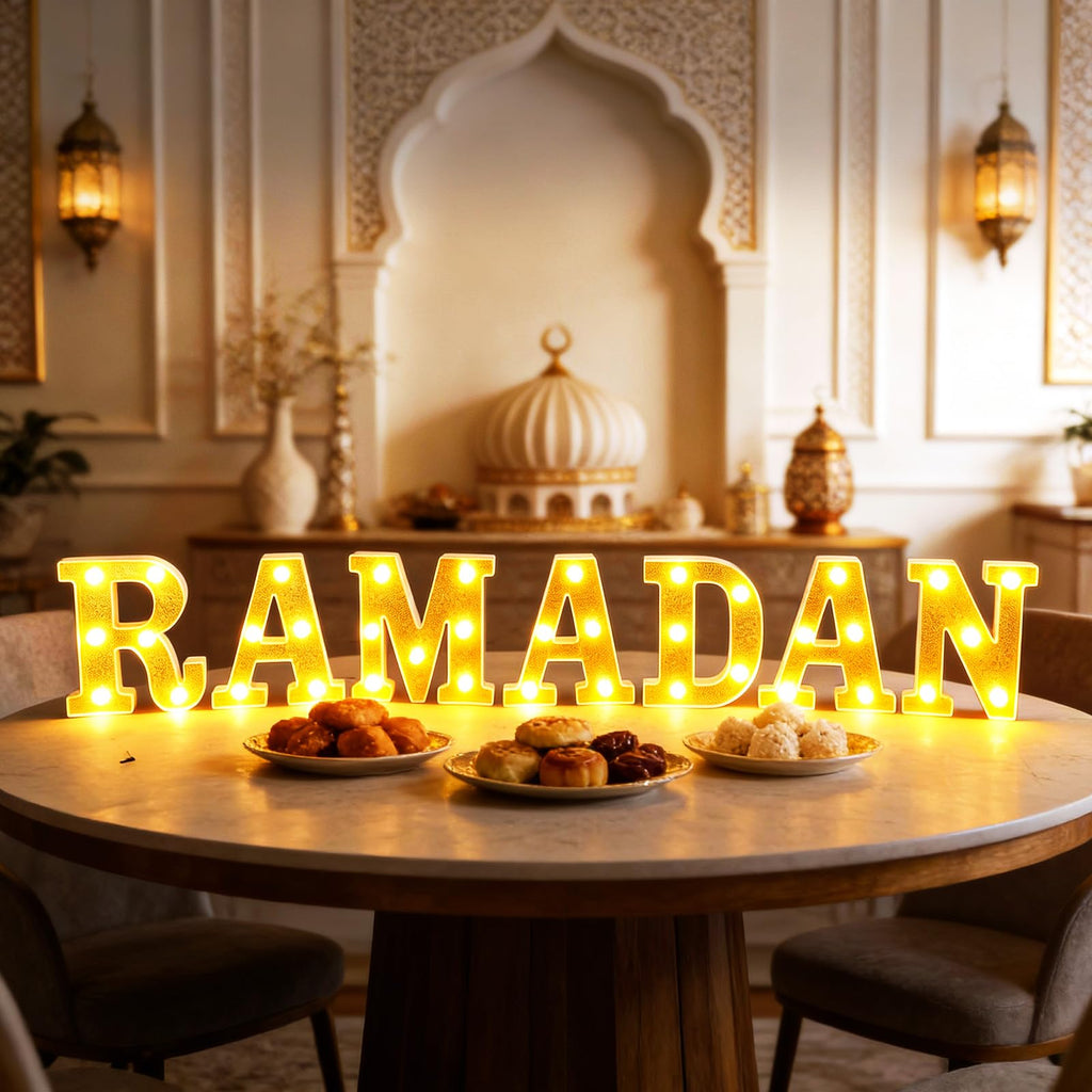 Aurelema 7 Pcs Ramadan Decorations Ramadan Large LED Letter Sign Powered Battery Light Gold Powder Surface Hanging Decor for Party Decorations Indoor Outdoor