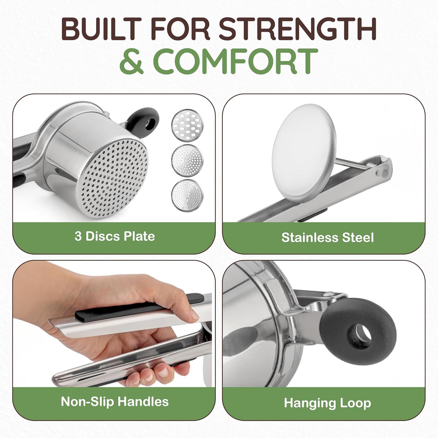 Regine Switzerland 15oz Potato Ricer - Heavy Duty Stainless Steel Masher with 3 Discs | Non-Slip Baby Food Squeezer