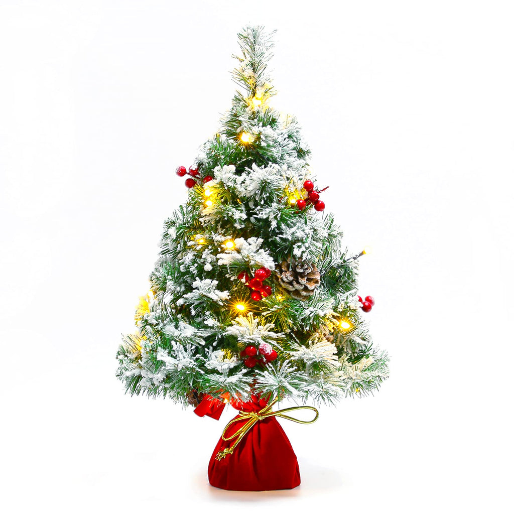 Sunnyglade 21.6 inch Snow Flocked Christmas Tree Artificial Mini Christmas Pine Tree Indoor Tabletop Ornaments Decorations with 30 LED Lights,Red Cloth Base and Pine Cones,White