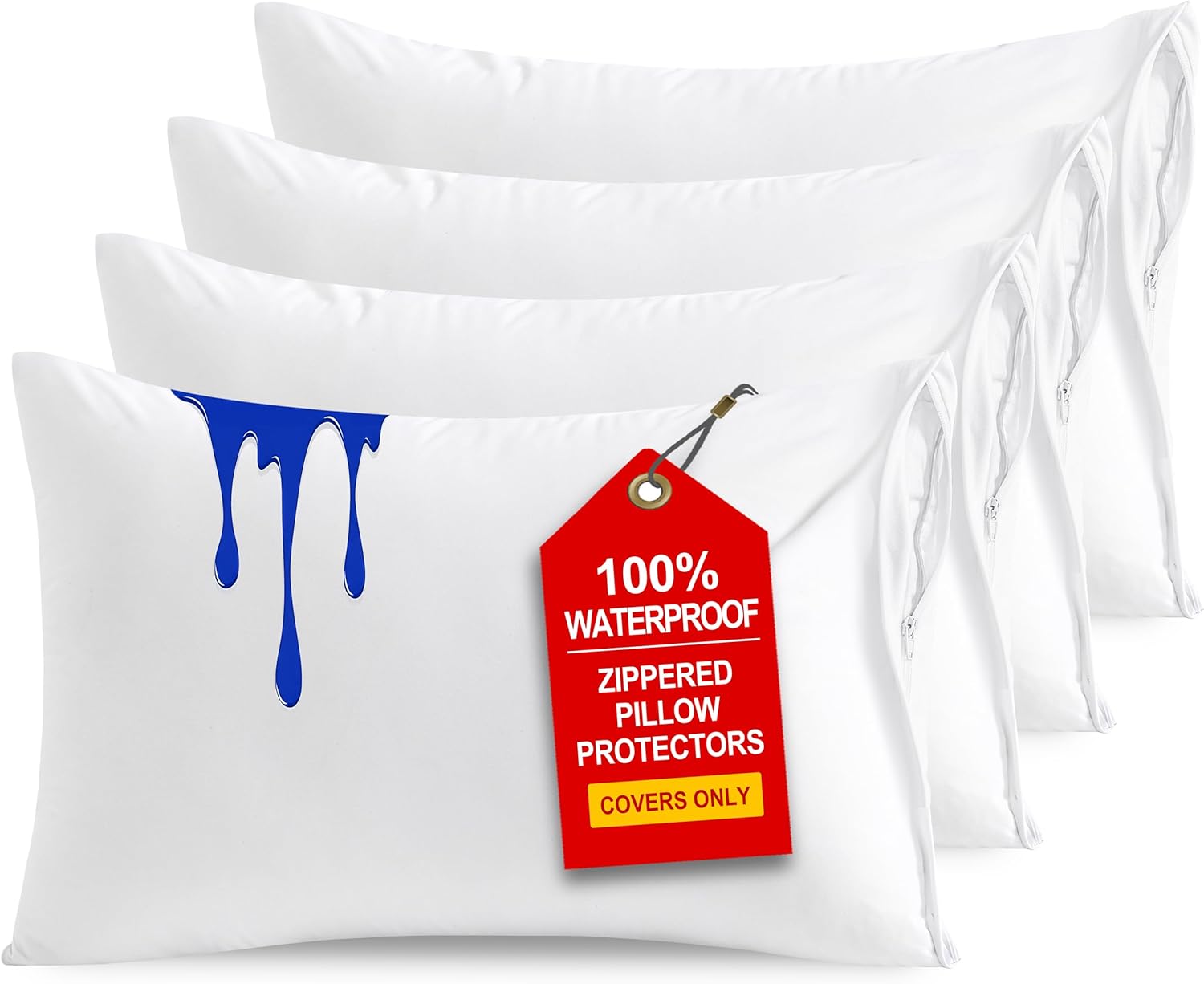 NTBAY Waterproof King Pillow Protectors - Super Soft Zippered Cases | 20x36 Inches Pure White, 4 Pack