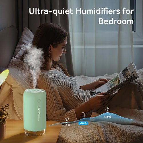 KQLKJ Portable Mini Humidifier, 350ml Small Cool Mist Humidifier for Plants, USB Personal Desktop Humidifier for Bedroom Car Office Travel with Auto Shut-Off & 2 Mist Modes (Green)