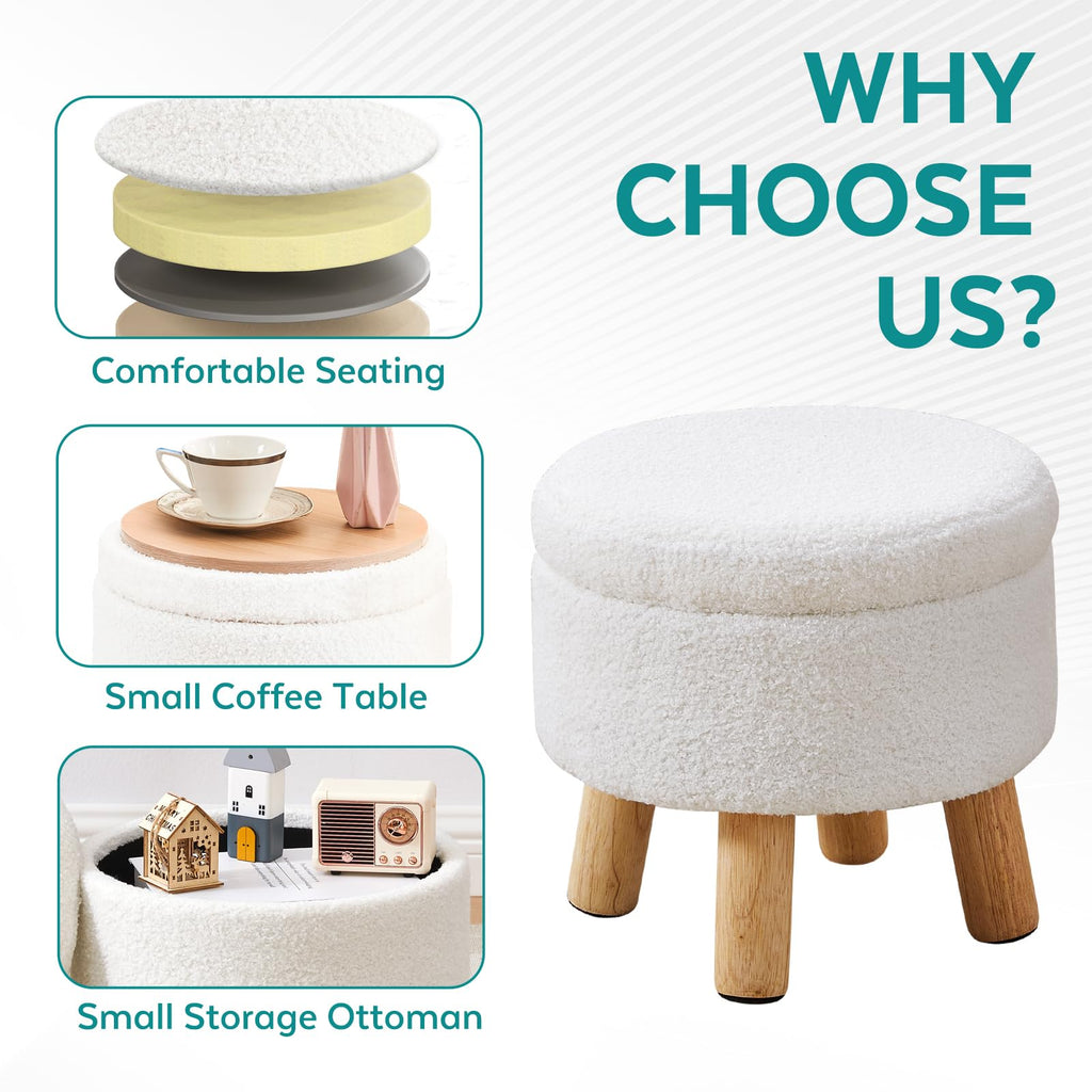 FIMIVIBI Small Ottoman with Storage, Small Storage Ottoman Round, Sherpa Foot Stool with Legs, Ottomans and Footstools for Living Room and Entryway (White)