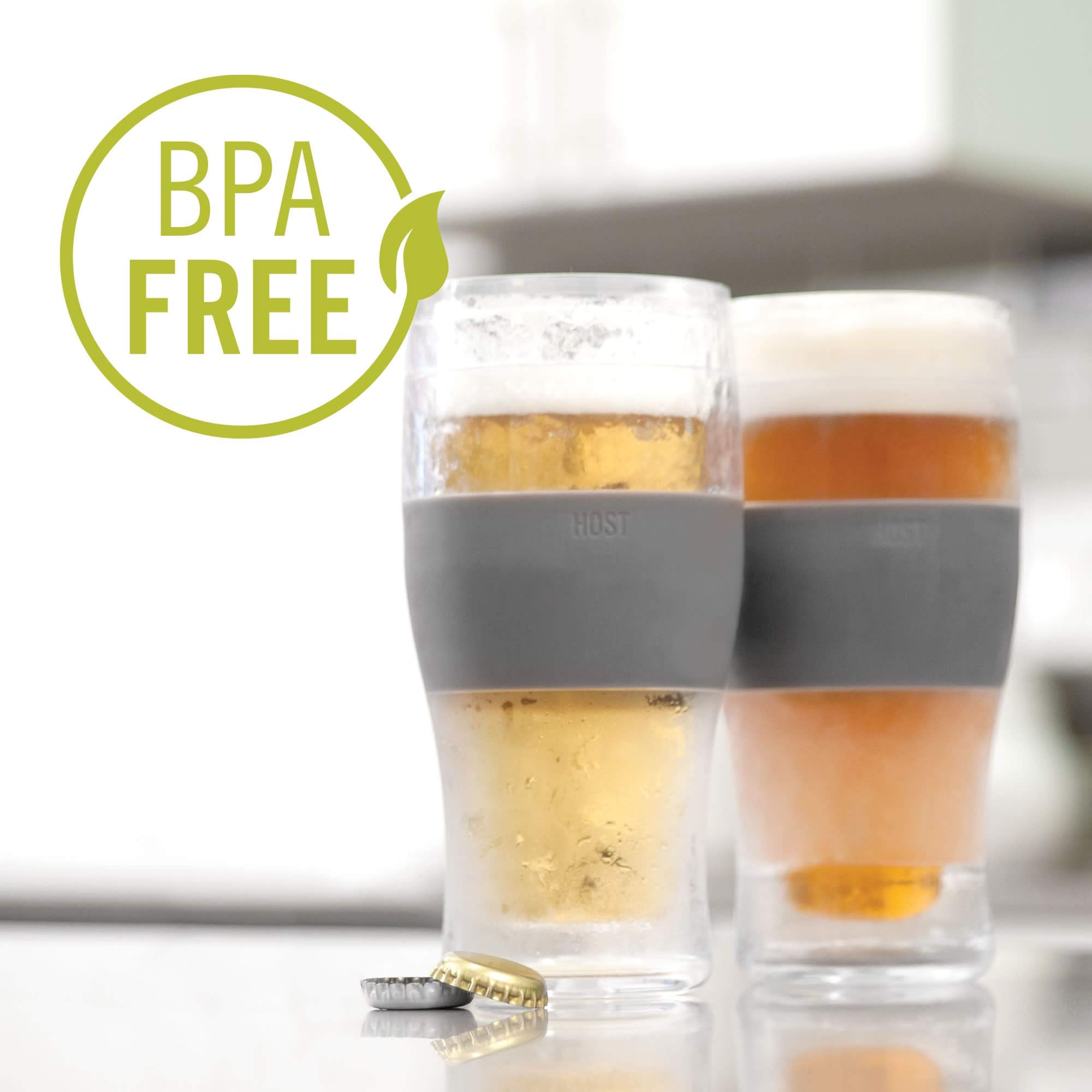 HOST Freeze Beer Glasses, 16 ounce Freezer Gel Chiller Double Wall Plastic Frozen Pint Glass, Set of 4, Black and Grey
