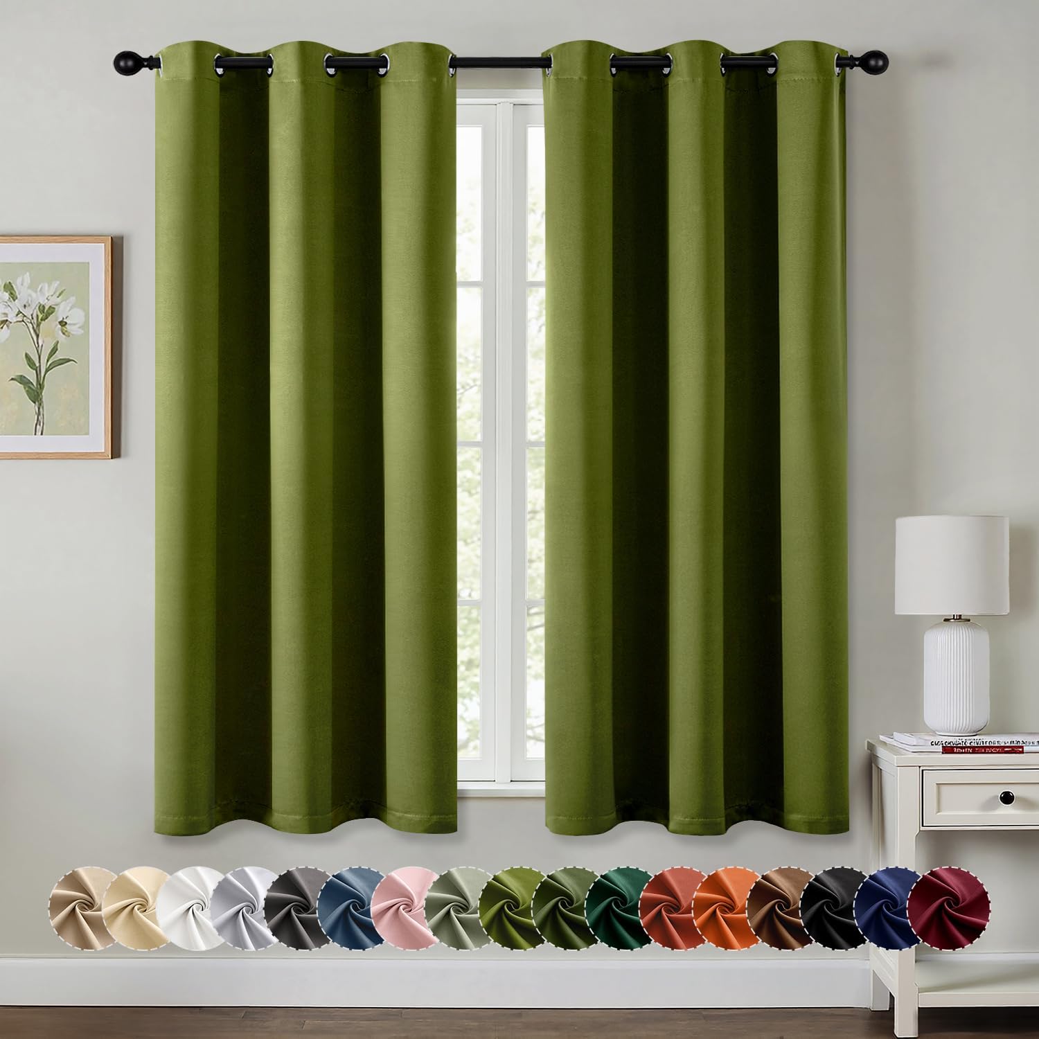 MIULEE Blackout Curtains - Thermal Insulated Room Darkening Drapes | Light Olive Green, 40 x 54 Inches, 2 Panels