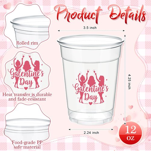 Willinglong 36 Pcs Galentine's Day Disposable Plastic Cups 12oz Clear Valentine's Day Galentine Theme Drinking Cups for Women Valentine Party Favor Supplies