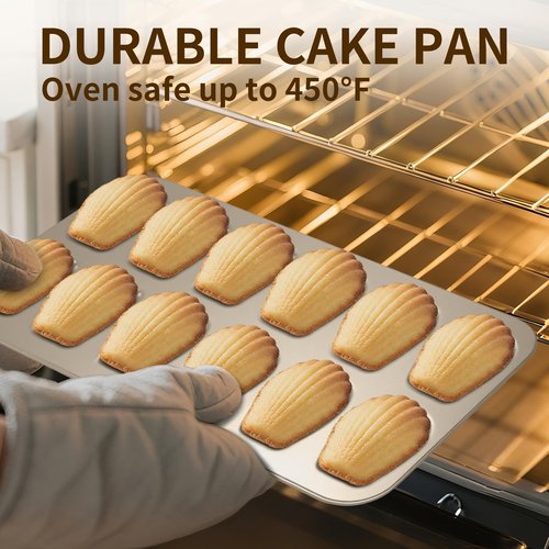 Shinsin Madeleine Pans Set of 2, Nonstick 12-Cavity Madeleines Mold Cookie Tray for Baking, Heavy Duty Warp Resistant Cute Shell Shape Madeleine Mold Cake Pan-Gold
