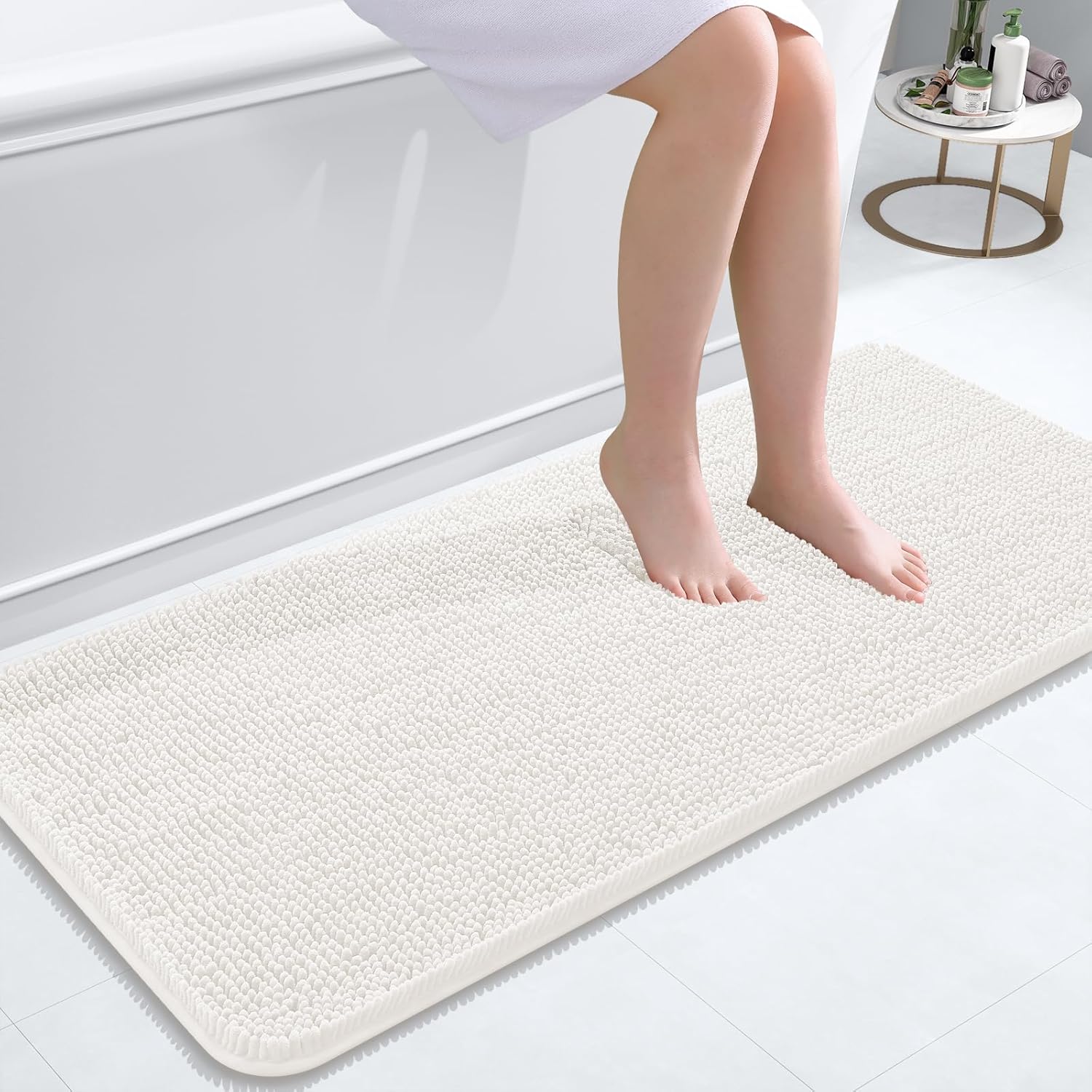 OLANLY Bathroom Runner Rug - Extra Soft Chenille, Quick Dry, Machine Washable | 47x20 Inches, Ivory