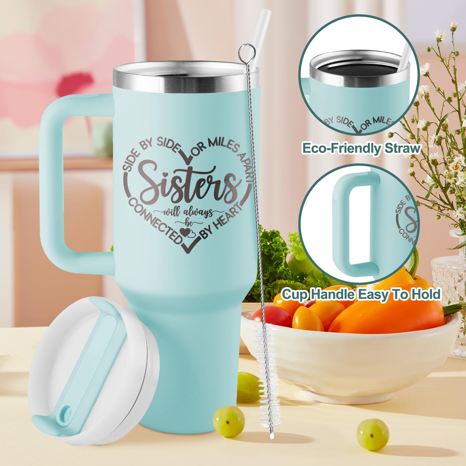 ROSTANTEN Sister Gifts from Sister, Sisters Birthday Gift Ideas, Gifts for Sisters - 40 oz Travel Cup Insulated Tumbler with Handle & Straw