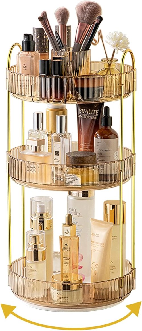 Asayuee 360 Rotating Makeup Organizer - Large 3-Tier Storage for Skincare & Cosmetics | Gold Finish
