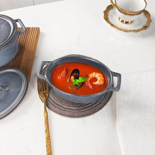 Ceramic Mini Oval Cocotte Set - 10 Ounce Casserole Dishes with Lids | Set of 2, Blue, Oven & Microwave Safe