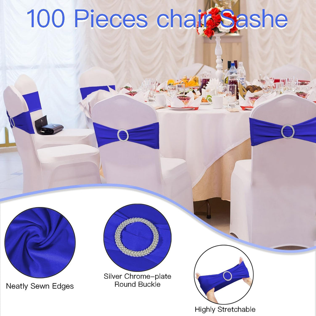 WJWHQ Spandex Stretch Chair Sashes - 100PCS Elastic Covers with Buckle Slider for Weddings & Events | Royal Blue