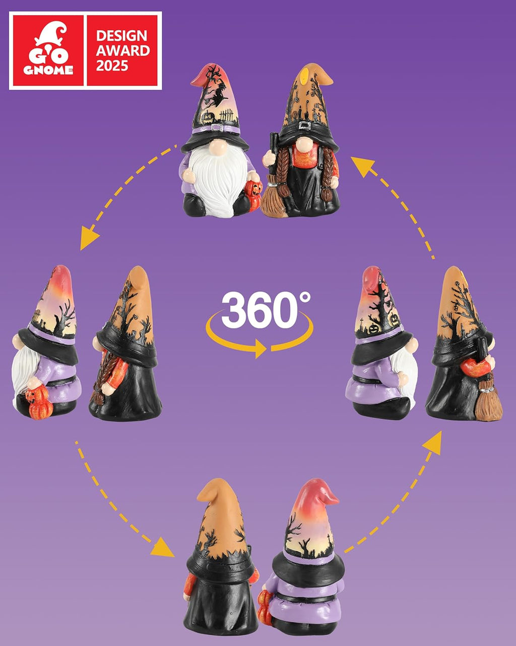 Regine Halloween Gnomes & Witch Figurines - 2-Pack Illuminated Fall Gnome Ornaments - 4.5'' Resin Indoor Decor