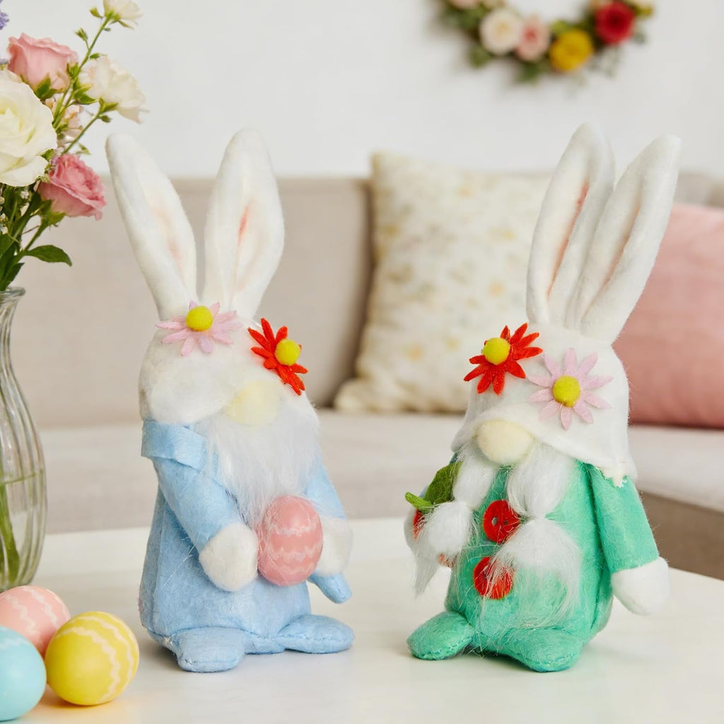 WDS Wondrous Easter Decorations - 2-Pc Soft Bunny Gnome Dolls with Carrot & Egg | Cute Spring Decor for Home