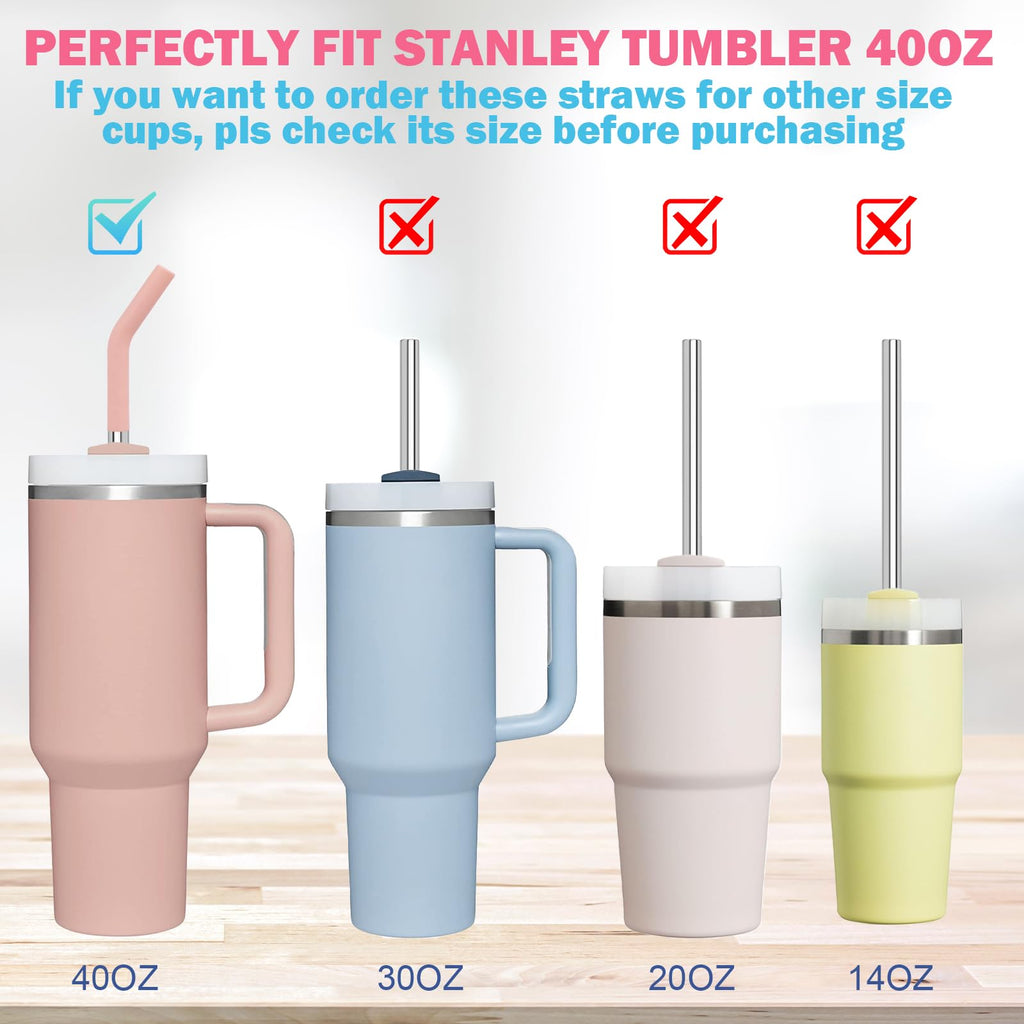 LUCKINEE 6pc Stainless Steel Straws Reusable for Stanley Tumbler 40 oz, 12 Inch Metal Straight Replacement Straw with Silicone Tips, Straw Covers and Cleaning Brushes