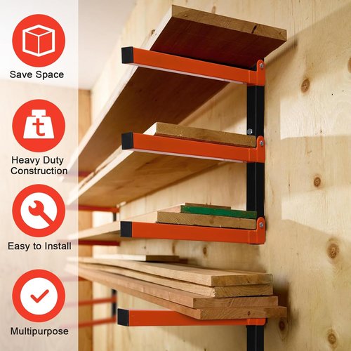Lumber Rack - Wall-Mounted Storage Solution | Metal Wood Organizer with 3 Levers | 2 Pack, Orange
