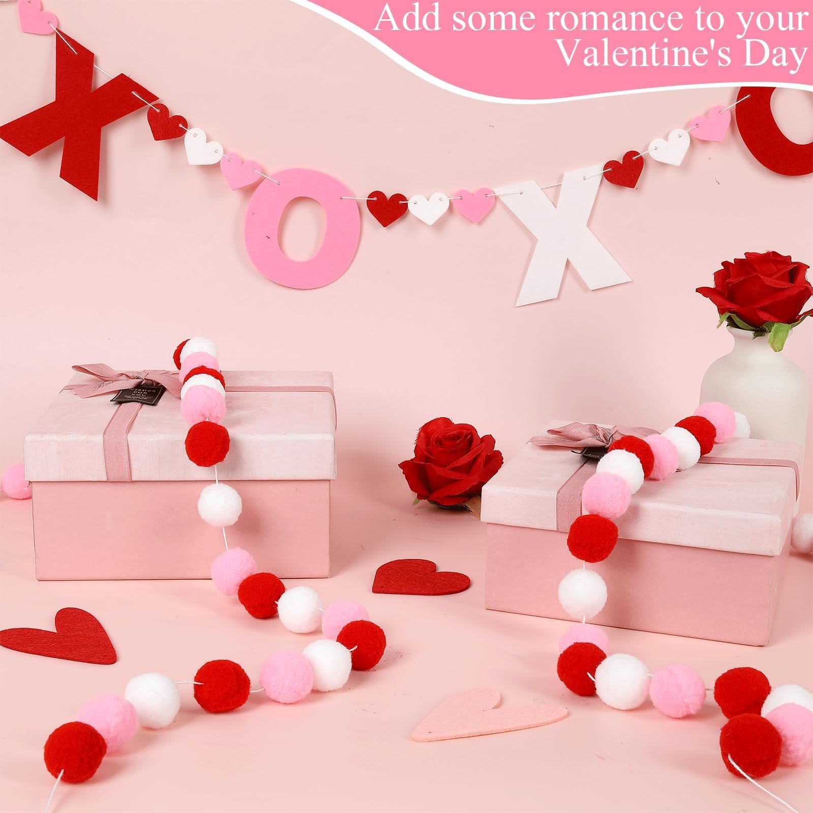QOUBAI 3pcs Valentine's Day Garland Felt Ball Garland 10ft Pompom Garland Valentine Decorations XOXO Felt Ball Banner for Mantle Fireplace Room Valentine's Day Anniversary Engagement Party Supplies