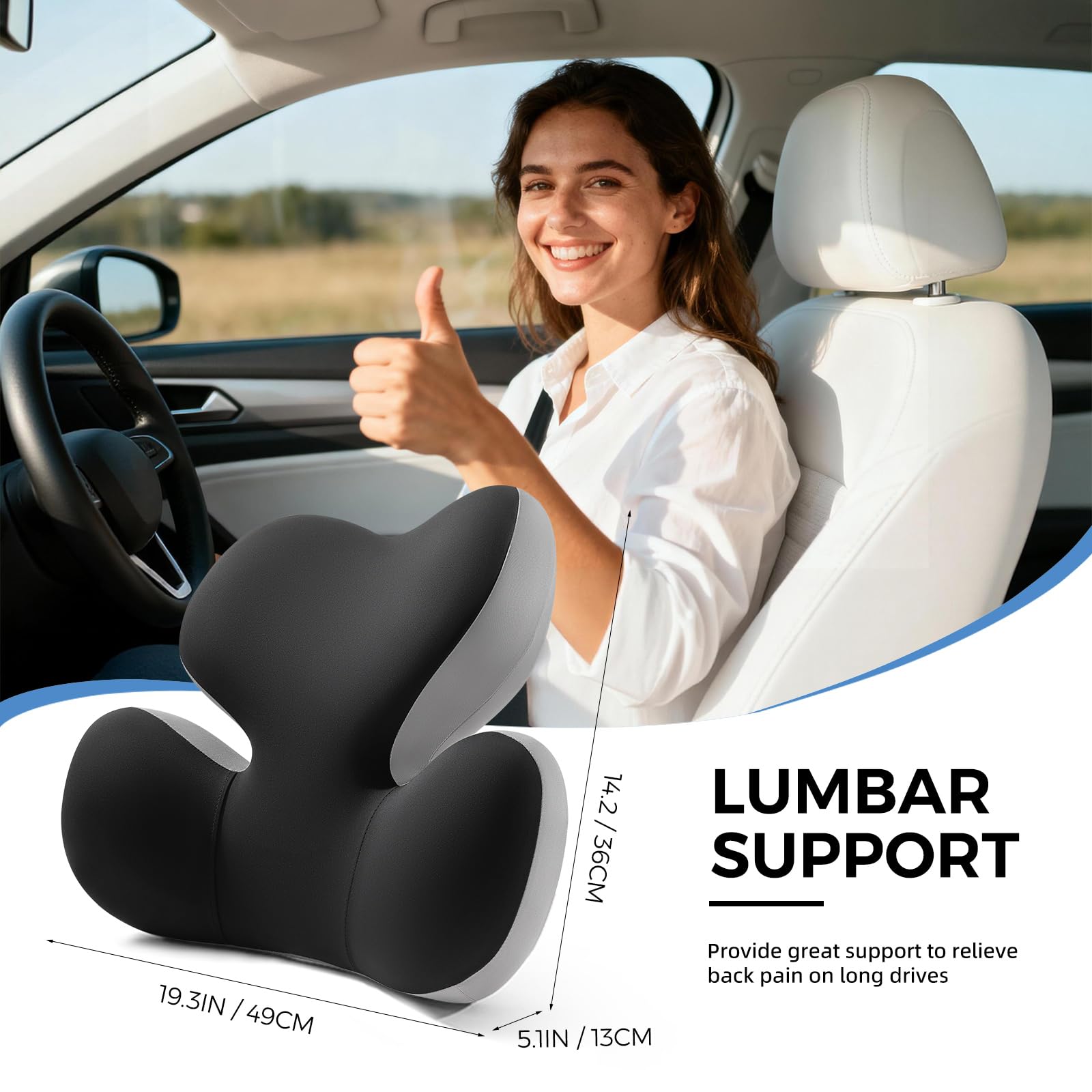 BEBAS Lumbar Support Pillow for Car, Ergonomic Memory Foam Back Cushion for Driving, Lower Back Support for Pain Relief, Lumbar Cushion for Car Seats, Office Chairs, Wheelchairs - Blackgray
