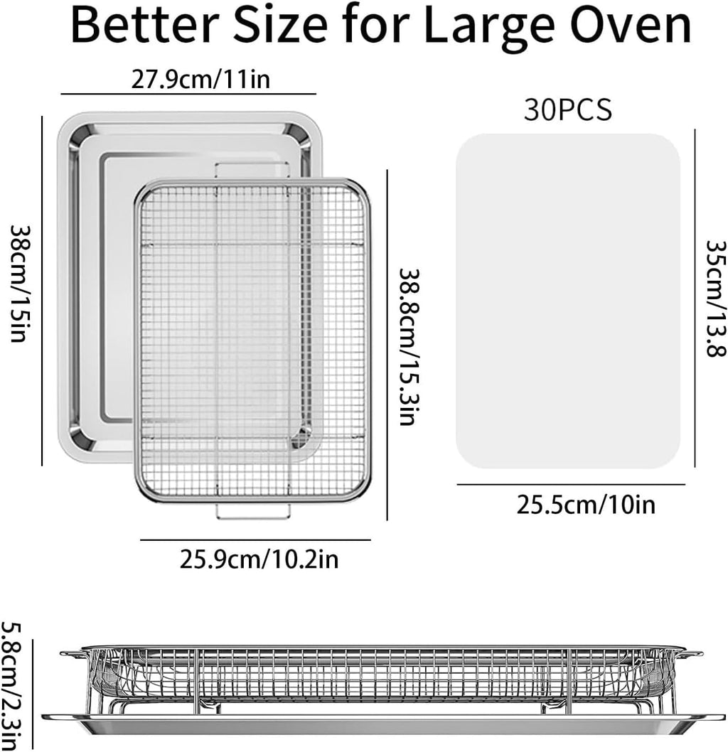 OPENICE Large Air Fryer Basket - 15.3" x 11.0" Stainless Steel Tray with 30 Parchment Papers | Ideal for Baking & Grilling