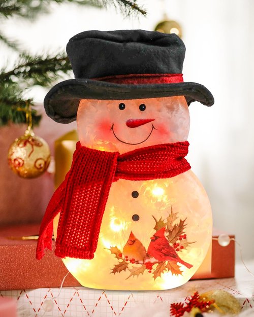 Bdor 11-Inch Glass Snowman Decoration - Light-Up Holiday Ornament with Cardinals & Red Scarf for Indoor Christmas Décor