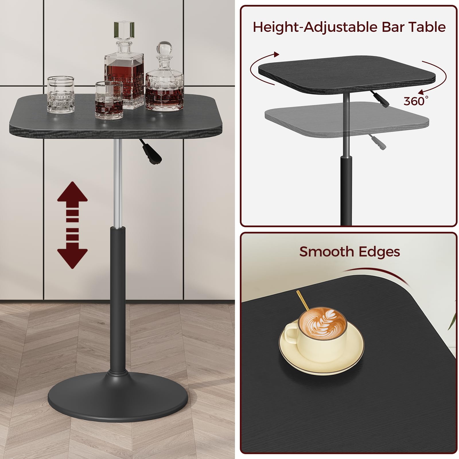 MAHANCRIS Bar Table, Height-Adjustable Pub Table 26.8-36.2 Inches, Cocktail Table with Base, Counter Height Tables for Small Space, Easy to Assemble, Black BTHB5501