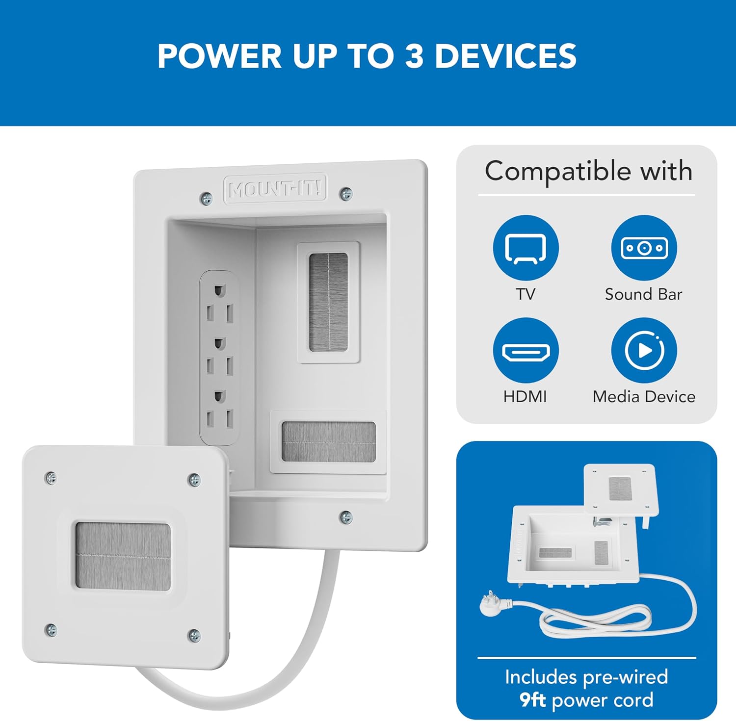 Mount-It! In-Wall TV Cable Concealer Kit - Triple Outlet, 9ft Cord & Hand Saw for Easy Cable Management