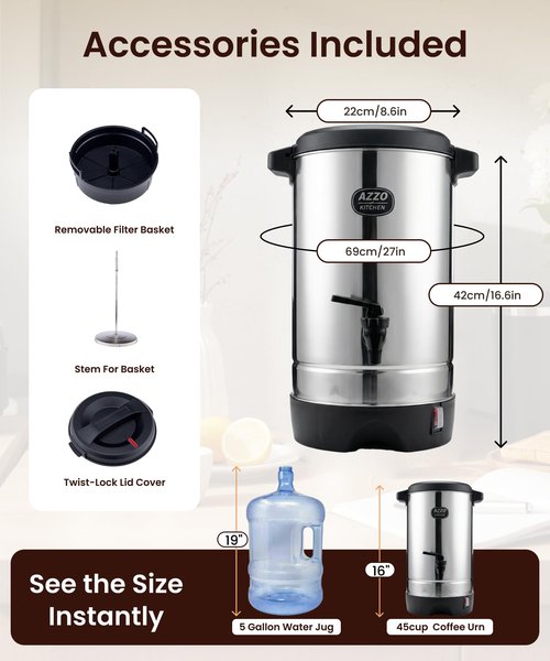 AZZO KITCHEN Commercial Coffee Maker 45-Cup Large Coffee Urn with Percolator Coffee Pot Electric 6.9L Stainless Steel Fast Brew Hot Water Dispenser for Tea Catering Events Home Office Easy Cleaning