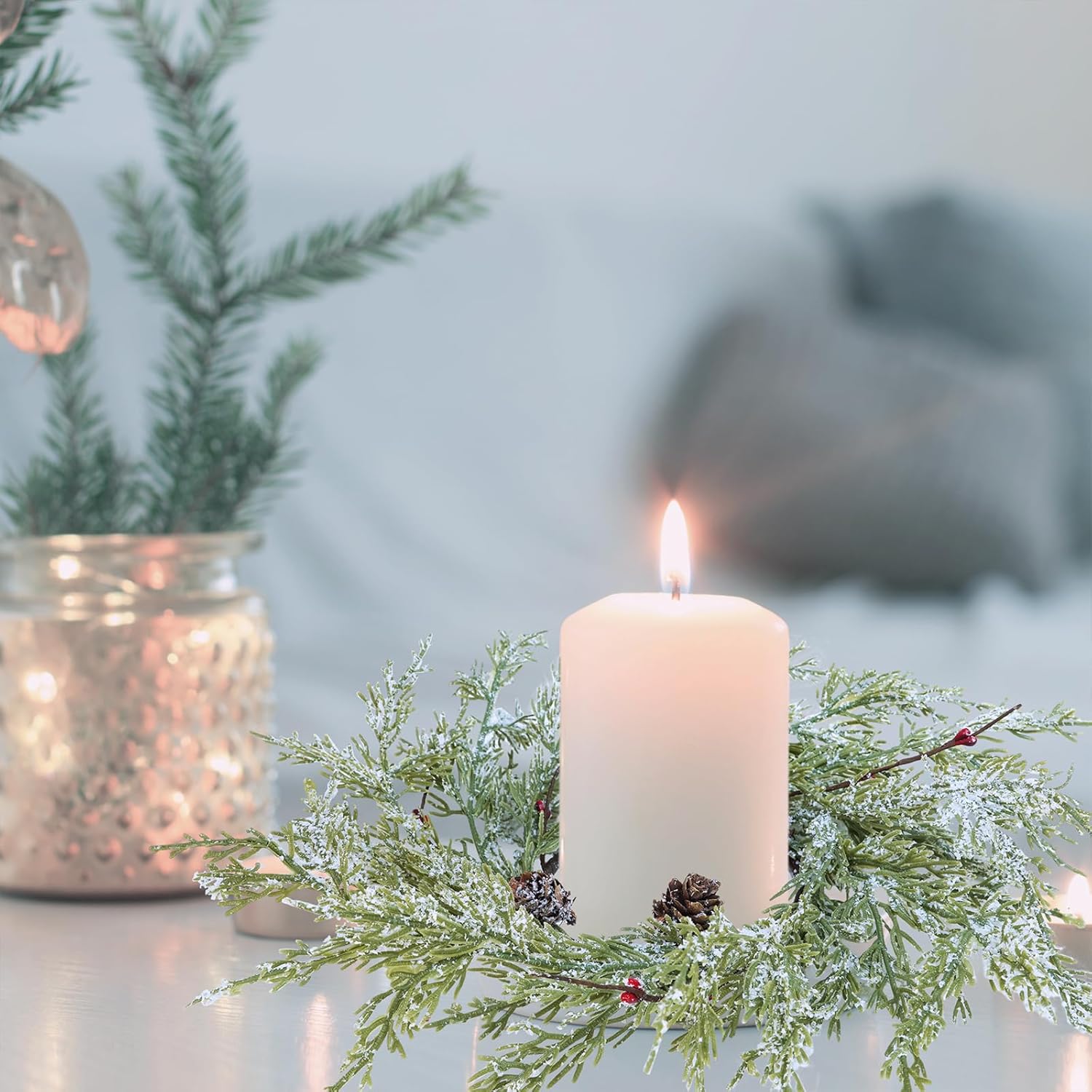 Winlyn Artificial Snowy Cedar Pine Candle Rings - 4 Pcs Mini Winter Wreaths with Pine Cones & Red Berries | 15.7" Wide for Festive Holiday Décor