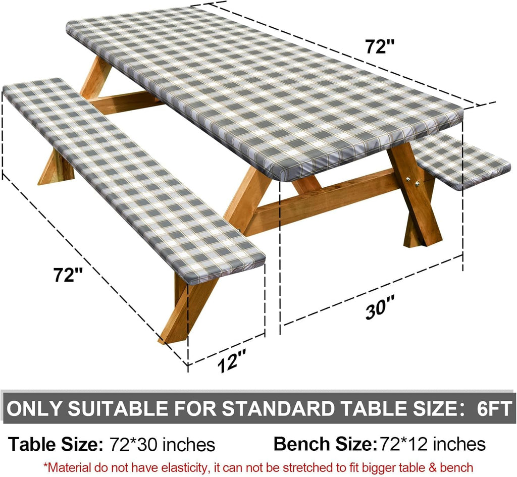 Picnic Table Cover - Waterproof & Windproof with Bench Covers | Fitted Rectangle 72in, Gray White